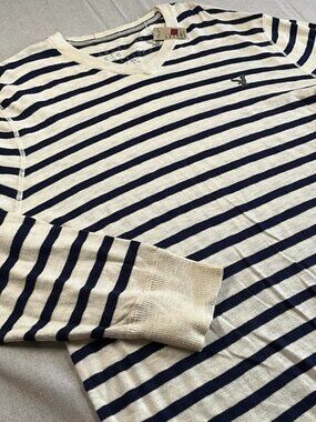 NWTs Mens American Eagle White Navy Striped Cotton V-Neck Sweater (XLarge)